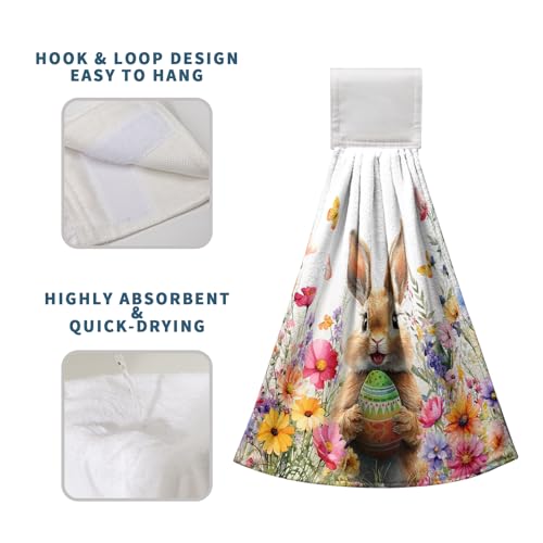 Spring Easter Hanging Kitchen Towels Easter Bunny Rabbit Eggs Flowers Hand Towel with Hanging Loop Watercolor Floral Rabbits Dish Tie Towels Super Absorbent Soft Fast Drying Bath Towel for Bathroom - color: Easter Spring Bunny