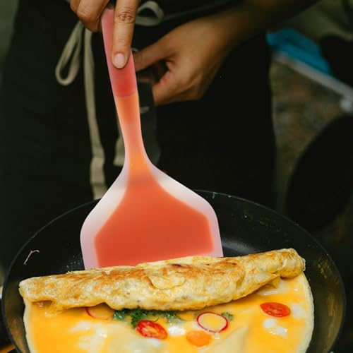 Hitefu 2 Pcs Silicone Spatula Turner, Green & Orange | Wide Pancake Flipper, Tamagoyaki Shovel, BPA Free, Non-Stick Egg Flipper - color: Green & Orange