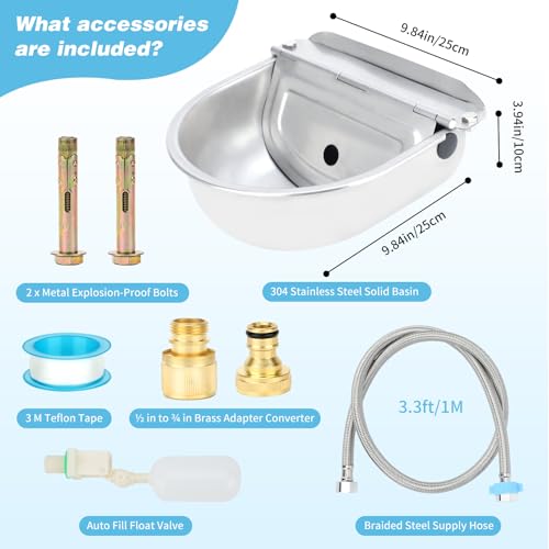 FHTONGE 304 Stainless Steel Automatic Dog Water Bowl Dispenser with Outfall | Float Valves Auto Fill, Wall-Mounted Dog Waterer for Outdoor Big Dog Livestock Poultry Horse Cow Goat Pig Chicken Duck Rabbit