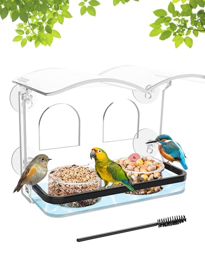 Window Bird Feeder with Strong Suction Cups, Clear Acrylic Design for Close-Up Bird Watching, Durable, Weatherproof, Easy to Install, Large Seed Tray, Drain Holes to Keep Food Dry, For Outdoor