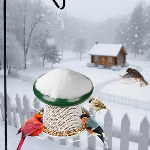 Bird Feeder, Heavy Duty Metal Bird Feeders for Outdoor Hanging | Wild Birdfeeder, 3LB Capacity, 4 Perches, Sturdy, Cute Mushroom Shape, For Outside Garden Yard - color: Green
