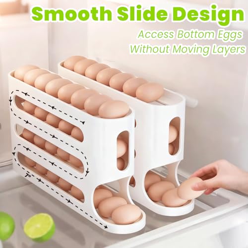 Egg Holder For Fridge, Automatic Rolling Dispenser | Space-Saving Side Door Storage Rack, Generous Design Accommodates Up To 30 Eggs - color: white