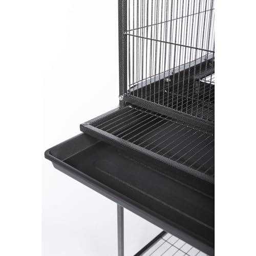 Prevue Pet Products Flight Cage with Stand - Large Metal Bird Cage with Removable Tray, Wood Perches, Double Feeders & Storage Shelf on Rolling Casters, Ideal for Small to Medium Birds - Black - color: Black