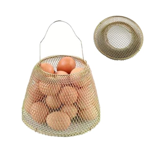 Collapsible Round Egg Basket - Metal Wire Storage with Handles, Perfect for Hanging & Family Farm Gathering - Gloden Basket for Chicken Farm, Holds 25 eggs, Small