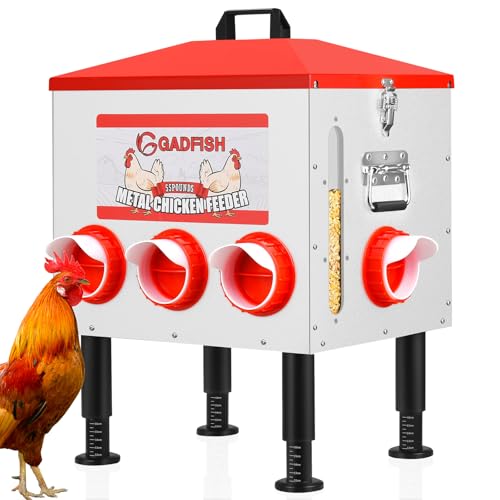 55 lbs Large Capacity Automatic Chicken Feeder - 8 Feeding Ports, No Waste Chicken Feeder, Height-Adjustable Legs & Secure Locking Lid for Chickens, Ducks & Poultry