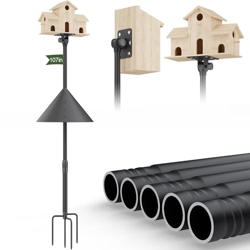 Bird Feeder Pole Squirrel Proof – Heavy Duty 107" Outdoor Stand | 1" rustproof steel pole, anti-corrosion. 20" baffle blocks squirrels. Handles extreme temps. Fits most bird feeders. - color: Black with baffle, size: 107"