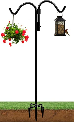 92 Inch Double Shepherds Hook for Outdoor with 5 Prong Base | Adjustable Heavy Duty Bird Feeder Pole for Hanging Flower Basket, Plant Hanger, Solar Light Lanterns, Black - size: 92in-1pcs