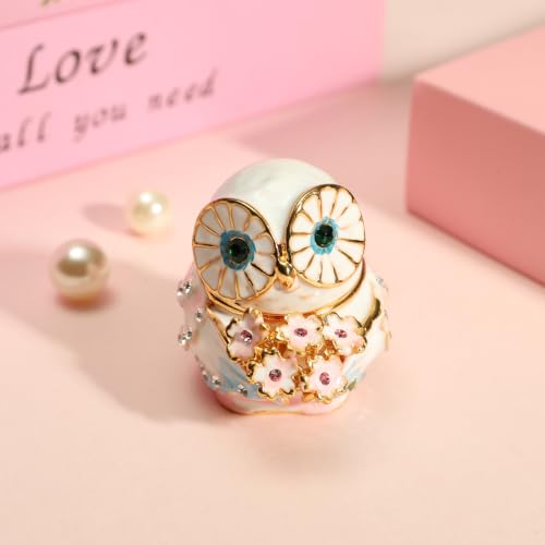 Cute Big Eyes Owl Holding Pink Bouquet Trinket Box with Hinged Classic Animal Ornaments Unique Gift for Family
