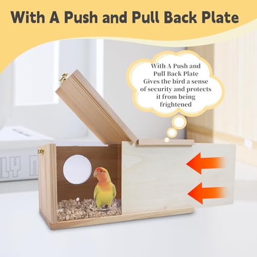 PINVNBY Parakeet Nesting Box, Detachable Board Acrylic Bird House for Cage with Coconut Fiber, Natural Wood Breeding Box for Cockatiel Budgie Lovebirds Conure Finch Parrot (M: 9.8 * 5.3 * 5.3 inch)