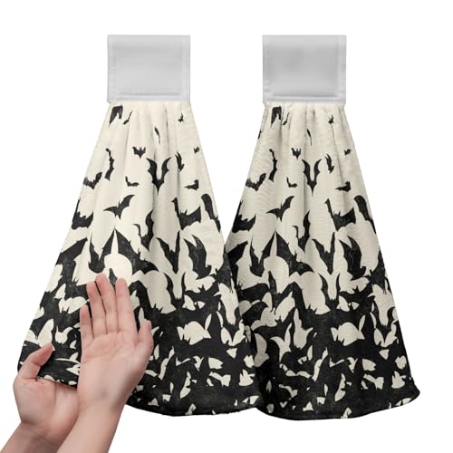2 Pcs Halloween Black Bats Hanging Kitchen Towels Hand Towel with Hanging Loop Holiday Dish Tie Towel Soft Absorbent Fingertip Bath Towel for Bathroom Farmhouse Decor - color: Halloween Bats