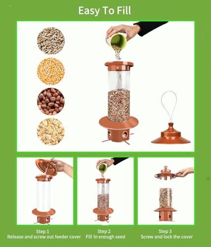 Squirrel Proof Bird Feeders for Outdoor: 4.8LB Large Capacity Hanging Bird Feeder, Weight-Activated Mechanism Wild Bird Feeders, Chew-Proof Metal Birdfeeder for Finch Cardinal Chickadee - color: Red Copper