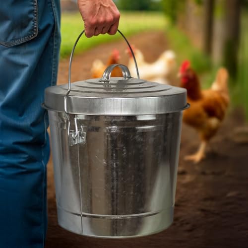 Plexon 6 Gallon Small Metal Trash Can with Lid Outdoor Locking Galvanized Metal Garbage Can with Lid for Poultry Feed Bird Seed Storage Ash Galvanized Bucket - size: 6-Gallon
