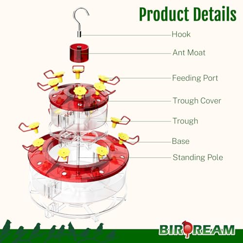 Birdream Hanging Hummingbird Feeder, 20oz | Double-Tier Saucer, 14 Feeding Ports, Ant Moat, Stainless Steel Pole, Easy to Refill and Clean - size: 1 Pack