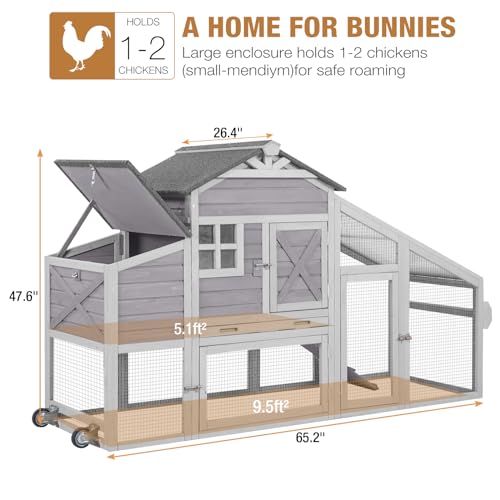 GUTINNEEN Chicken Coop Movable Chicken House On Wheel Portable Hen House Duck Coop for 2-4 Chickens 65"
