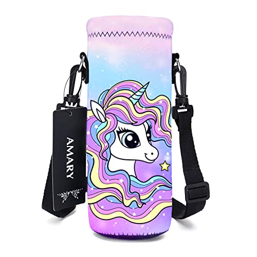 AMARY 500ML Neoprene Water Bottle Carrier Bag with Adjustable Shoulder Strap,Insulated Water Bottle Cover for Stainless Steel/Glass/Plastic Bottles 16.9OZ (cute unicorn) - color: cute unicorn