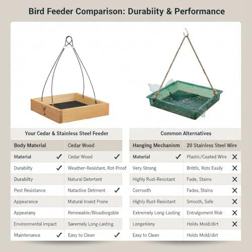 Cedar Wood Platform Tray Bird Feeder 12” - Hanging Bird Feeder for Outside Outdoor - Stainless Steel Cable Mesh Base - Weather Proof Birdfeeder for 10 Years - Longtime Outdoor Lasting Heavy Duty