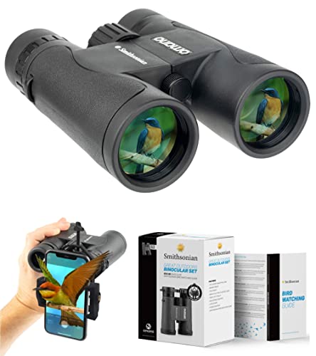 Smithsonian Adult Birding Binoculars - 10x42, Phone Adapter, Diopter Adjustable - Ideal for Hiking, Travel - Includes Bird Watching Guide