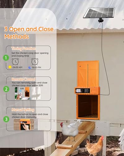 Automatic Chicken Coop Door Solar Powered/USB Charging, 14.3″ x 10.9″ | Orange Auto Chicken Door with Secure Hidden Cable Slot, Anti-Pinch & Aluminum Alloy, LCD Timer & Remote Control,