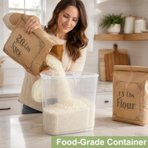 Large Rice Storage Container 15-20 Lbs, Tall Flour Container Dry Food Bin | Slim Food Container with Scoop, Cup for Cereal, Sugar, Beans, Pet Dog Cat Food, Kitchen and Pantry Storage Organization - color: Cream White