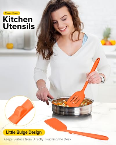 Pack of 2 Silicone Spatula Turners, Non Stick Slotted Kitchen Spatula Set, Heat Resistant BPA Free Kitchen Utensils, One-Piece Design, Suitable for Flipping Fish, Eggs, Steak, Pancakes (ORANGE) - color: Orange