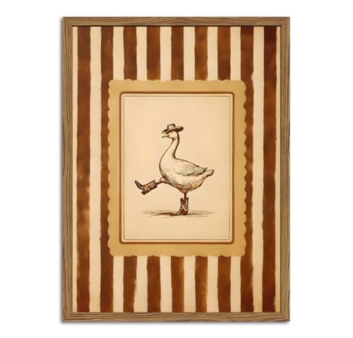 Funny Cowboy Goose Wall Art Silly Western Dancing Goose Wall Decor Painting, Whimsical Cute Stripe Animal Poster Canvas Print Picture for Living Room Bedroom 16x24 inch Wood Framed - color: Cowboy Goose, size: 24"L x 16"W
