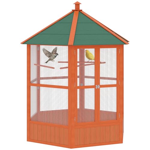PawHut 44" Hexagon Covered Canopy Bird Cage with Stand Orange | Portable Aviary Flight Cage for Cockatiels, Conures, Lovebirds, Budgies & Small Birds