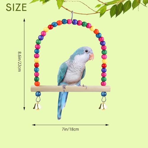 Wooden Bird Swing, 9 Inches Hanging Birds Cage Perches with Playing Bell, Natural Bird Chew Toys Boredom Breaker Bird Toys for Parakeets, Budgie, Cockatiel (Colorful, L) - color: Colorful