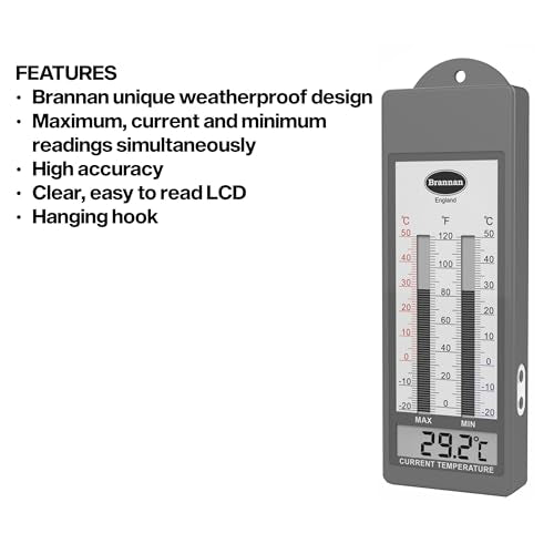 Brannan Waterproof Max Min Greenhouse Thermometer - Maximum Minimum Recording Thermometer Greenhouse Garden Outdoor Indoor