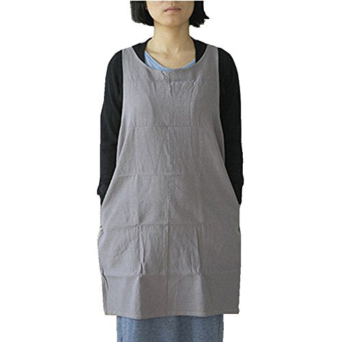 Cotton Linen Japanese Apron Halter Cross Back Bandage X Shape Aprons Two Pockets - color: Lightgray