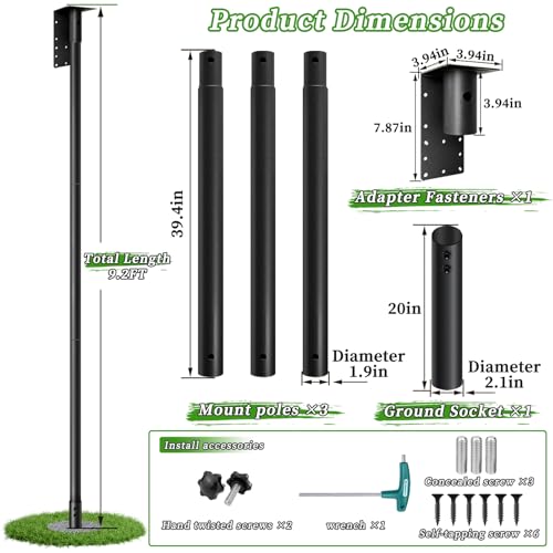 9.2ft Bat House Pole, 1.9in Diameter Heavy-Duty Galvanized Steel Outdoor Purple Martin Bird House Pole with Ground Socket, Including Bat House Installation Bracket, Black - size: 9.2FT