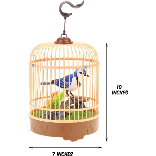 PowerTRC Singing & Chirping Bird in Cage, Realistic Sounds & Movements, Sound Activated, Battery Operated, Great Desk and Room Accessory, Pet Caged Bird Toy (10” x 7”) - color: #1 Blue & White