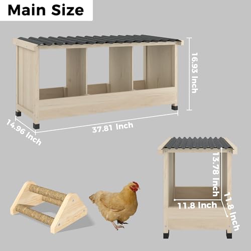 3 Holes Wooden Chicken Nesting Box, Wall Mounted or Floor Use | Chicken Coop Accessorie with PVC Roofing, Preventing Egg Falls, Easy to Assemble, Backyard and Farms, Natural Wood - size: 37.8"L x 13.0"W x 16.9"H