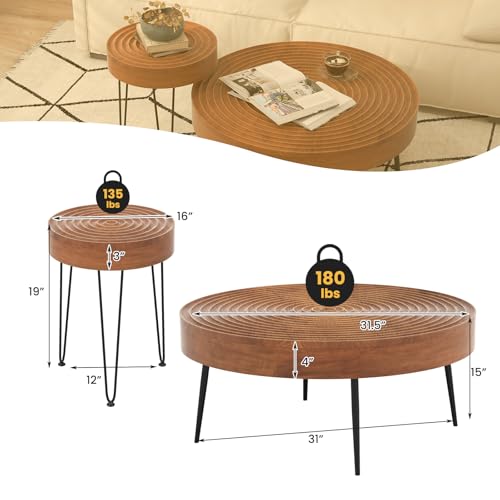 COSTWAY Farmhouse Round Coffee Table Set of 2, Rustic Sofa Side Tea Tables w/Wood Finish, Metal Frame, Adjustable Foot Pads, Nesting End Table Set for Living Room, Bedroom (Ring Pattern, Brown) - color: Brown, style: Ring Pattern