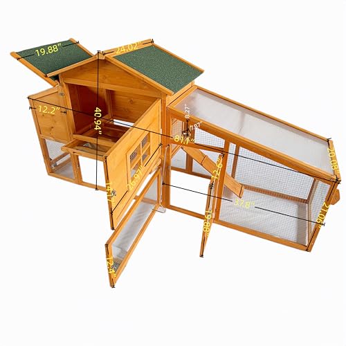 Mobile Chicken Coop with Wheels, Portable Hen House for 4-6 Chickens, Wood Outdoor Poultry Cage with Large Run, Waterproof Asphalt Roof, Side Nesting Box and Easy Clean Slide-Out Tray