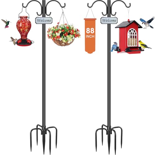 88inch Double Shepherd Hook for Outdoor, 1” Bird Feeder Pole,2Pack | 1in Thick Steel,5-Prong Stable Base,Adjustable Height,20lb Capacity,Ideal For Bird Feeder,Plant & Lantern ,Rust Resistant