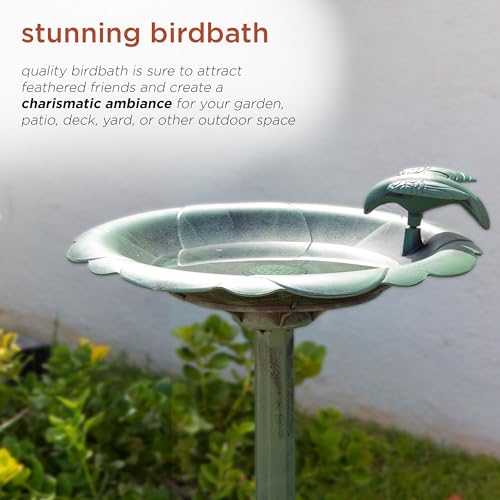Alpine Corporation 31" Tall Outdoor Antique Flower Birdbath with Bird Decoration Yard Statue, Durable Polypropylene Construction for Patio, Deck, or Yard, Green - color: Green
