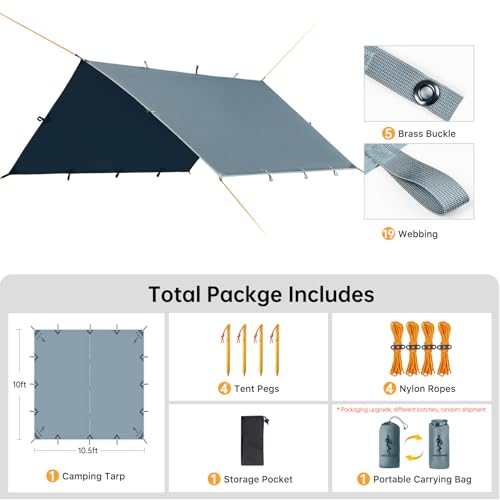 FREE SOLDIER Waterproof Camping Tarp Shelter Awning | Lightweight, Compact, Quick Setup, Waterproof Sun Shelter Campingtarp,For Backpacking, Beach, Travel and Outdoor Activities - color: Blue Gray 10×10.5ft