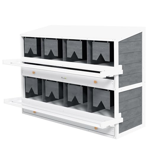 PawHut Chicken Nesting Box Wooden for 16-32 Chickens, 8 Compartments, Gray | Roll Out Lay Nesting Boxes, 2 Egg Collection Trays, 4 Perches, for Chicken Coop, Chicken Run