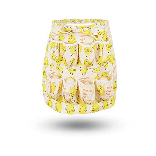 Egg Apron for Kid and Adult, Deep Pockets with Elastic Closure | Long Ties to Wrap Around and Tie In Front, Yellow Chick Printed, Egg Collect Gather Hold Apron - color: Yellow for Kid