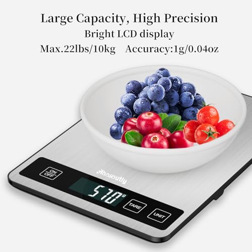 Food Scale, 22lb/10kg Digital Kitchen Scale Weight Grams and Ounces with 0.1oz/1g Precision, 6 Units and Tare Key Design, LCD Display & Stainless Steel Panel for Baking, Cooking, Postage
