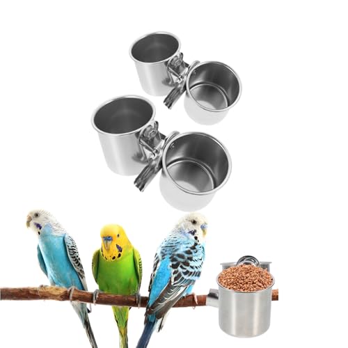 POPETPOP 2 Pcs Bird Parrot Feeding Double Cups with Clip - Stainless Steel Bird Bowls for Cage, Food Feeder Cups Hanging Bowl for Cage Stand Accessories