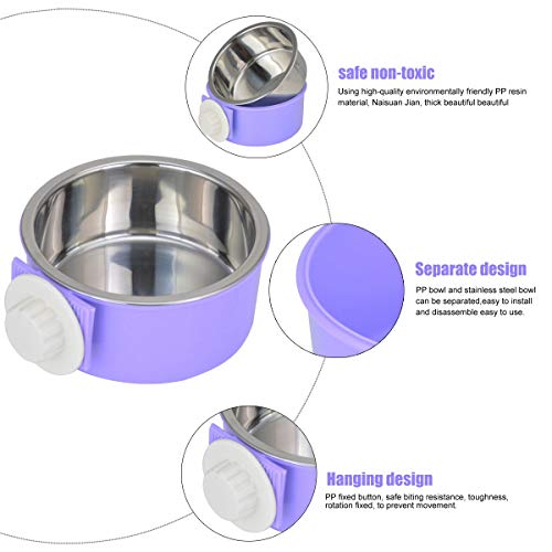 Crate Dog Bowl Removable Stainless Steel Water Food Feeder Bowls Cage Coop Cup for Cat Puppy Bird Pets - color: Purple, size: Small