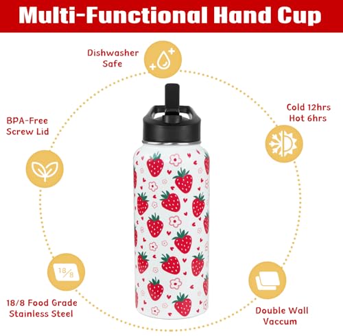 Strawberry Water Bottle with Straws Double Walled Vacuum Insulated Sports Bottle Strawberry Travel Thermal Cup Leak Proof Stainless Steel Tumbler Strawberry-theme Decor Gifts-32 oz - color: red strawberry