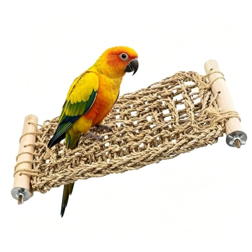 SNBBGTLadder Perch for Cage,Bird Water Grass Net Hammock Toy,Natural Hand-Woven Parrot Net Climbing Chewing Hammock,Suitable for Various Parrots，Natural. ﻿