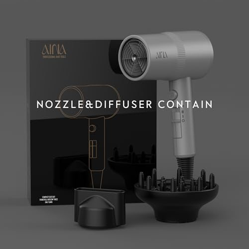 AINA Diffuser Hair Dryer Full-Featured Blow Dryer 110V/1600W(Ash Grey) | 3 Heat/2 Speed;Cold shut button;Lightweight;Compact Size;High Temp;Low Airflow;Same Results;Less Expense - color: Ash Grey, size: 3 Piece