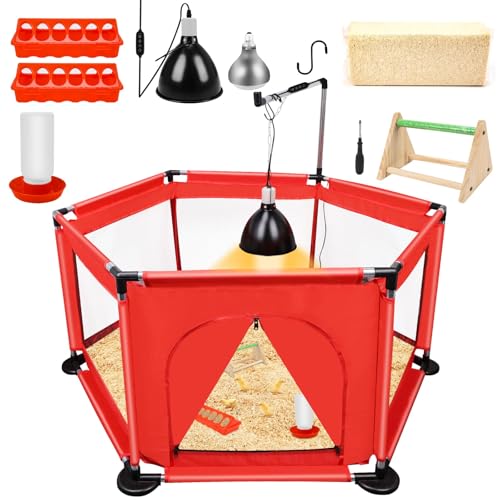 Chicks Brooder Box for Chicken Starter Kit- Includes Timing Heat Lamp Set, Detachable Chicken Brooder, Up to 15 Chicks, Sawdust, Chick Feeder and Waterer Set, Chick Perch 6-in-1 Chicken Coop Set.(Red)