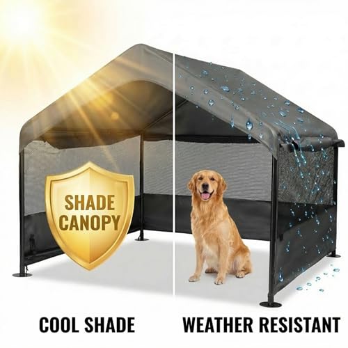 Outdoor Dog Tent, 4'x4'x3' Dog House Shade Shelter for Large Medium Pets | Outside Sun Rain Waterproof Dog Canopy with Three-Sided Breathable Mesh Windows, Livestock House with Ground Nails, Dark Gray - color: Dark Gray (Breathable Mesh Windows)
