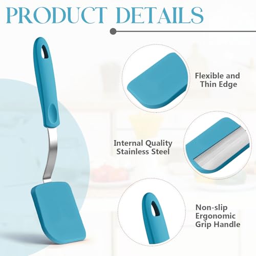 Silicone Cookie Spatula Turner 2 Pack Mini Brownie Spatula Flexible Kitchen Small Silicone Turner for Nonstick Cookware Heat Resistant No Scratch Flipper for Egg(Solid Flat,Light Blue) - color: Light Blue