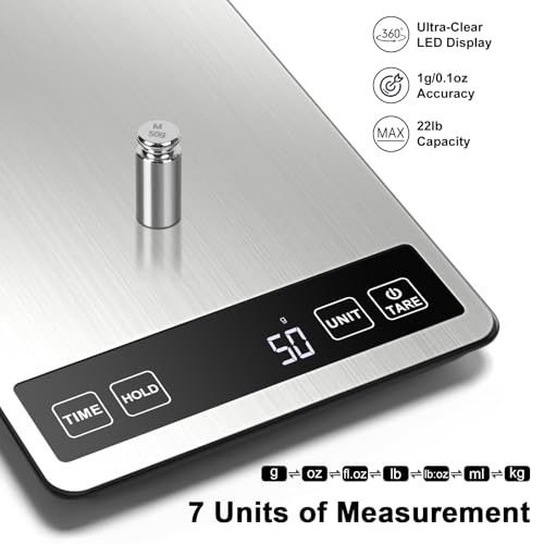 Fuzion Food Kitchen Scale 22lb/0.1oz - Food Scale 7 Units, Tare & Timer | Rechargeable, Tempered Glass+ Stainless Steel, Digital Kitchen Scale Grams and oz for Cooking, Baking, Weight Loss, Meal Prep - color: Silver Black