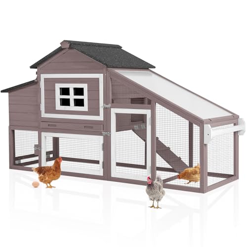 Aivituvin Mobile Chicken Coop with Wheels for 2-4 Chickens, Backyard Expandable Chicken House Duck Cage with Run, 2 Nesting Boxes, Easy Clean Pull-Out Tray, Leak-Resistant Asphalt Roof, 72.3"(Brown) - color: Brown, size: 72.3"L x 26.0"W x 39.4"H